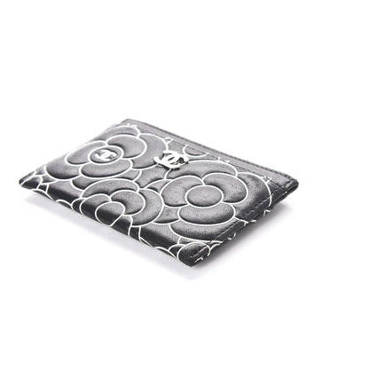 Chanel Lambskin Camellia Embossed Card Holder Black White 9 of 11