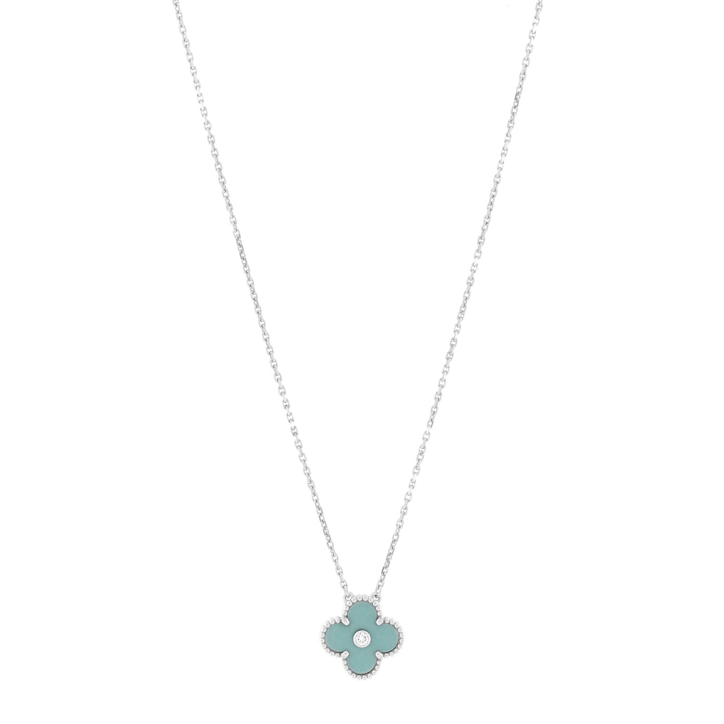 18K White Gold Diamond Celadon Green Sevres Porcelain Vintage Alhambra Pendant Necklace