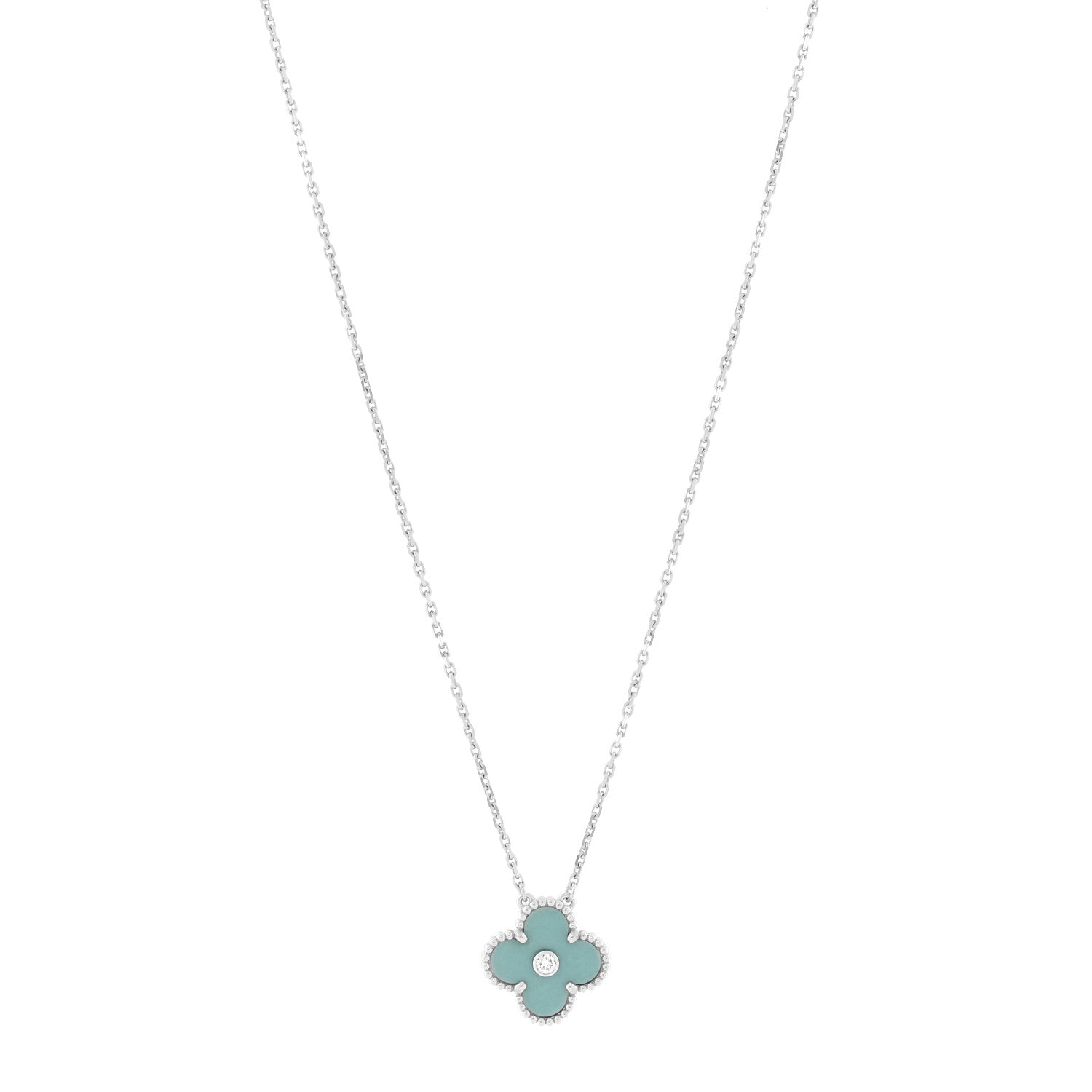 Van Cleef & Arpels 18K White Gold Diamond Celadon Green Sevres Porcelain Vintage Alhambra Pendant Necklace 1 of 7