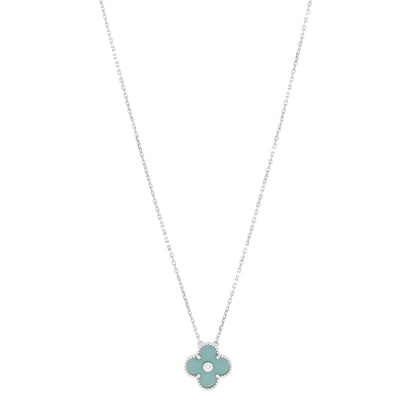 Van Cleef & Arpels 18K White Gold Diamond Celadon Green Sevres Porcelain Vintage Alhambra Pendant Necklace 1 of 7