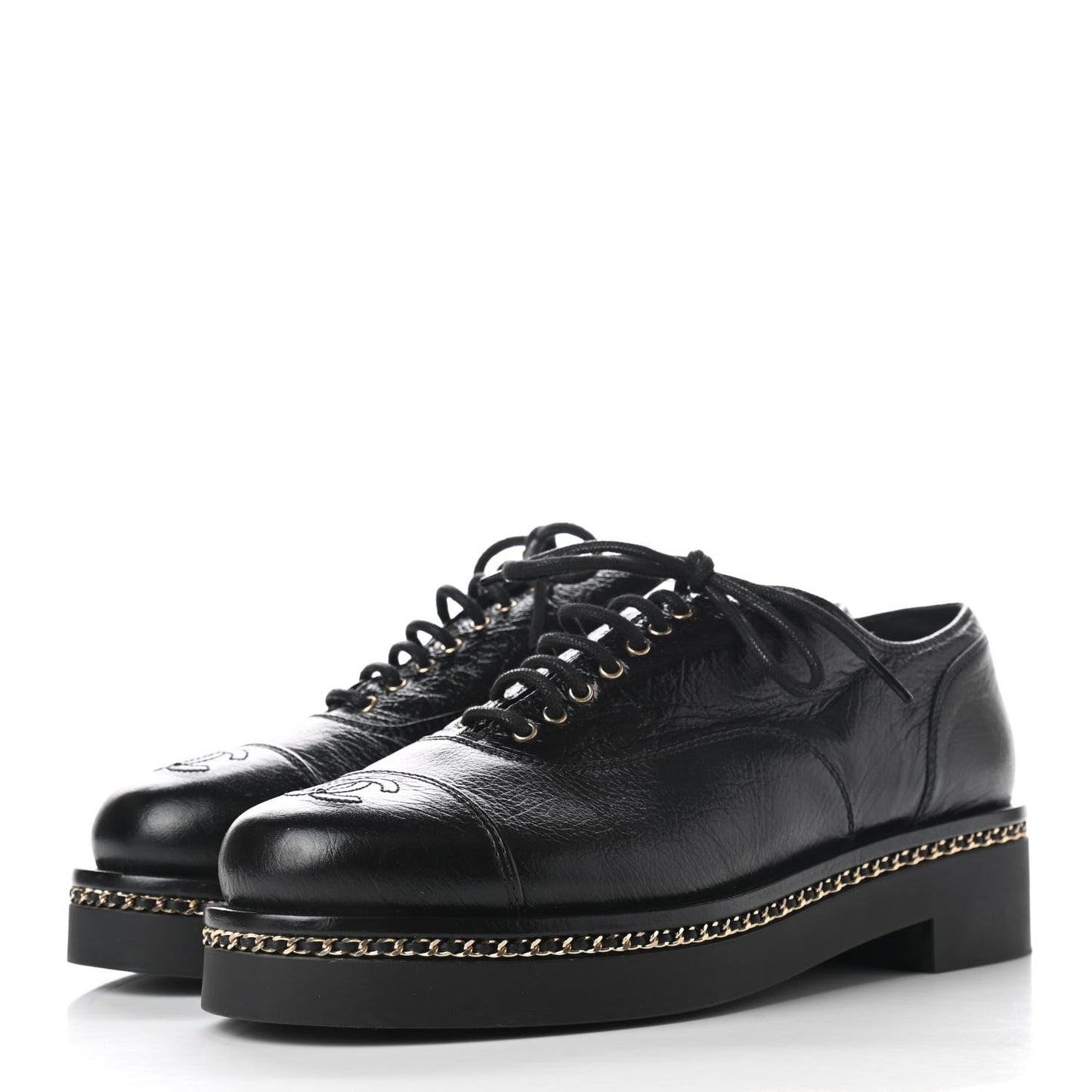 Shiny Crumpled Lambskin CC Lace Up Oxfords 38 Black