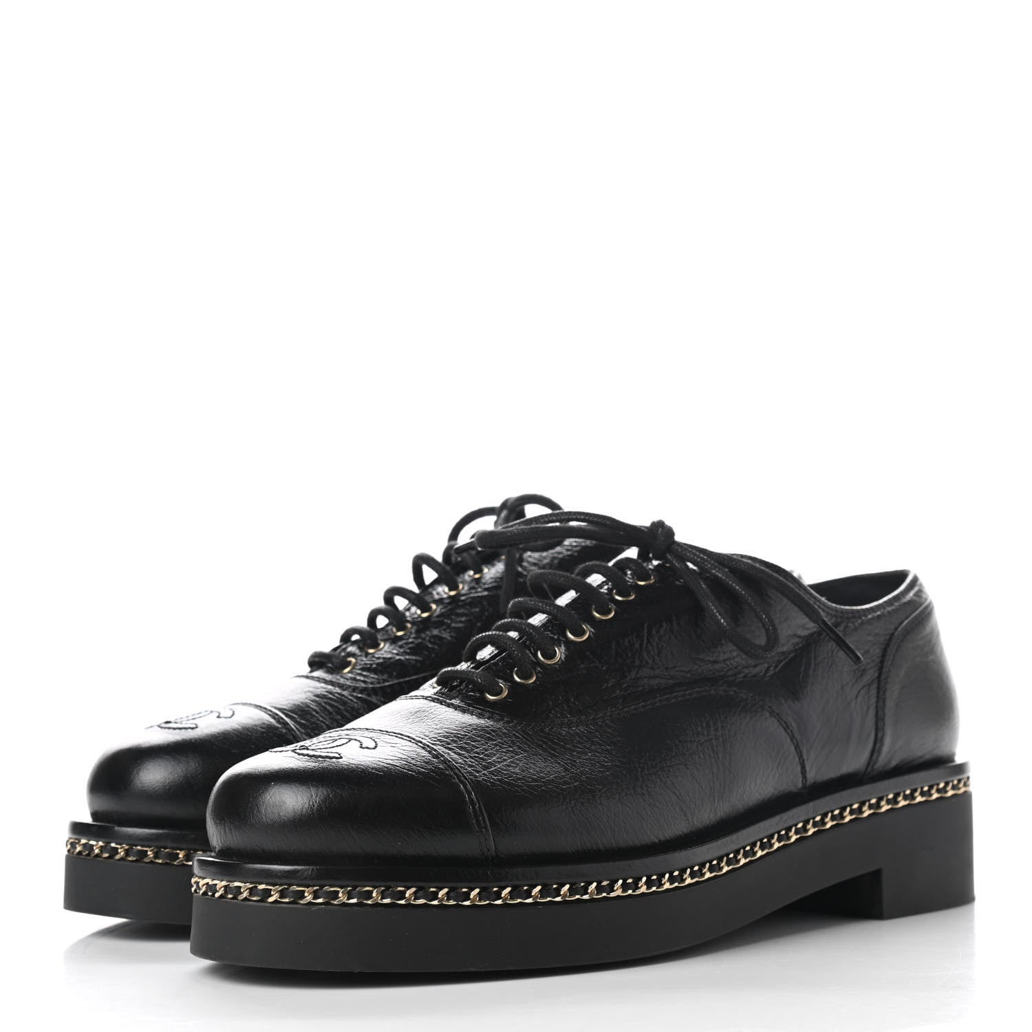 Chanel Shiny Crumpled Lambskin CC Lace Up Oxfords 38 Black 3 of 9