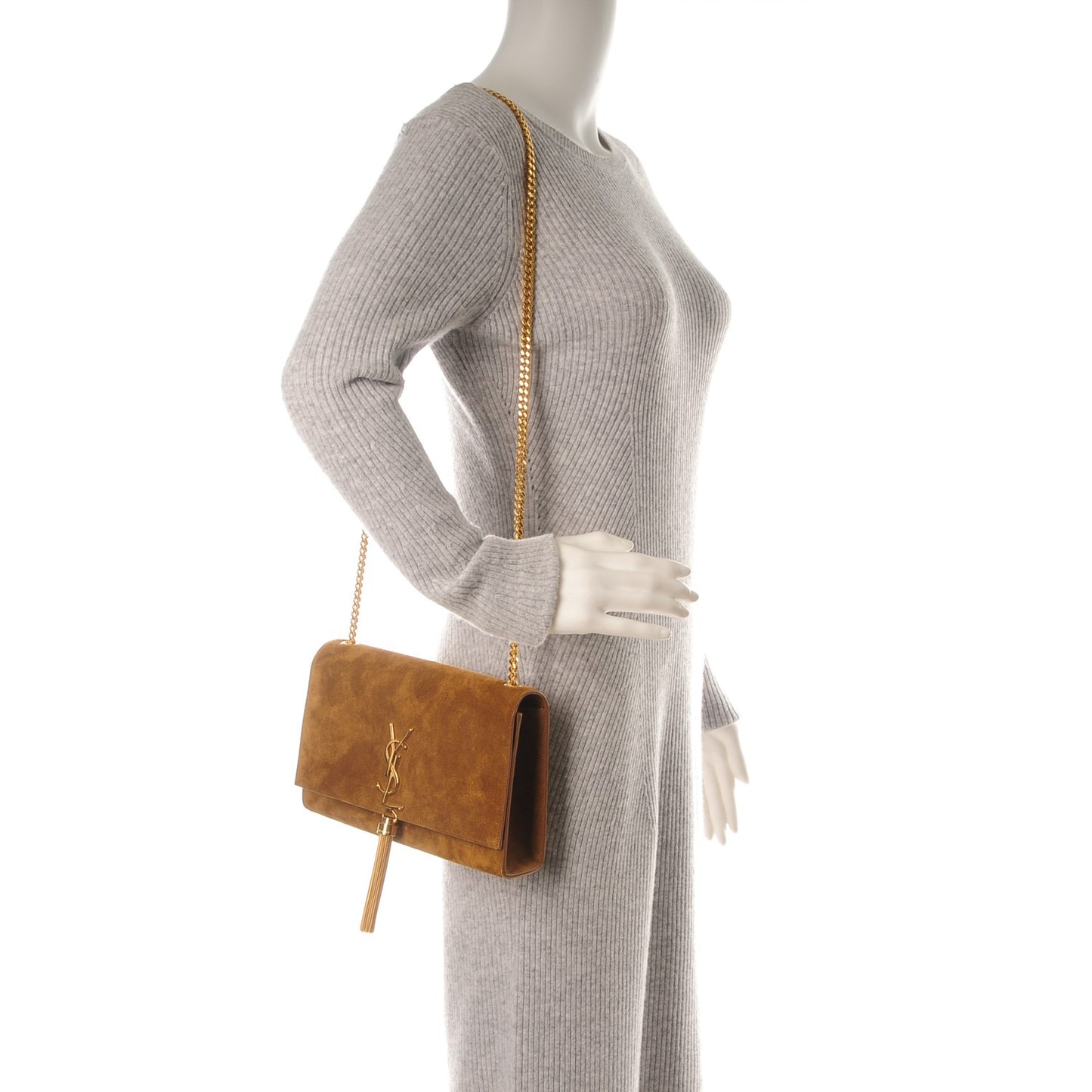 Suede Medium Classic Monogram Kate Tassel Satchel Light Ochre