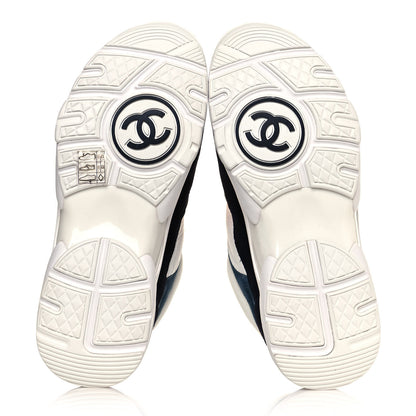 Chanel Nylon Calfskin Suede CC Womens Sneakers 35.5 Navy White Orange 5 of 8