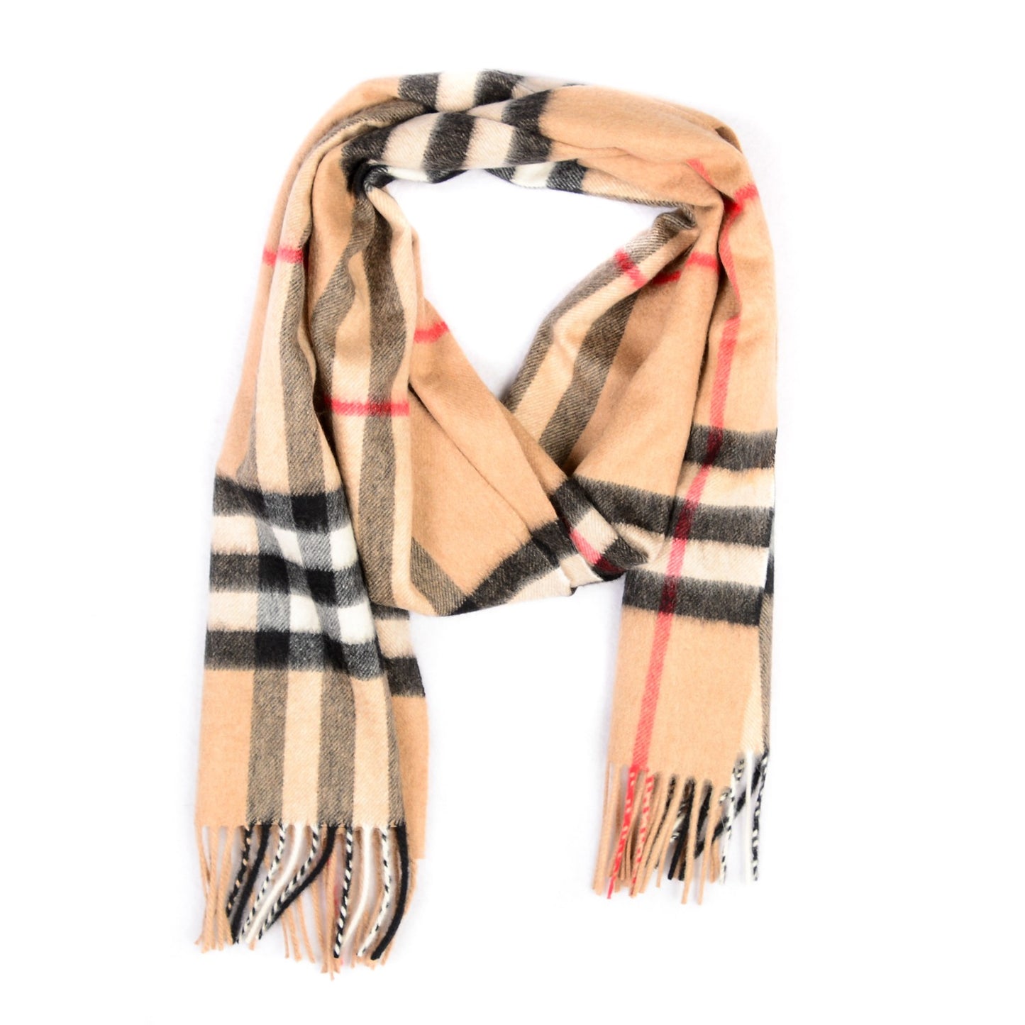 Cashmere Giant Heritage Check Fringe Scarf Camel