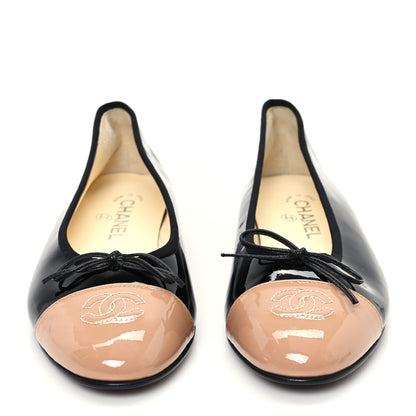 Chanel Patent CC Cap Toe Ballerina Flats 39 Black Beige 3 of 10