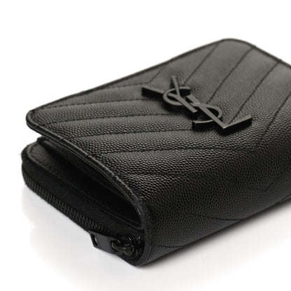 Saint Laurent Grain De Poudre Matelasse Chevron Monogram Monochrome Compact Zip Around Wallet Black 11 of 13