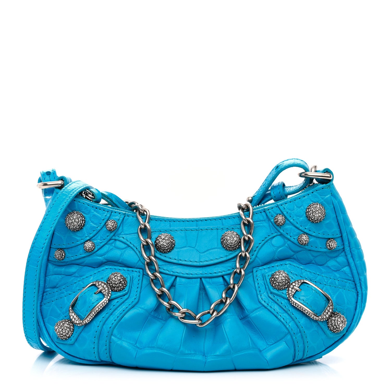 Balenciaga Extra Supple Calfskin Crocodile Embossed Crystal Mini Le Cagole Purse With Chain Cyan 1 of 11