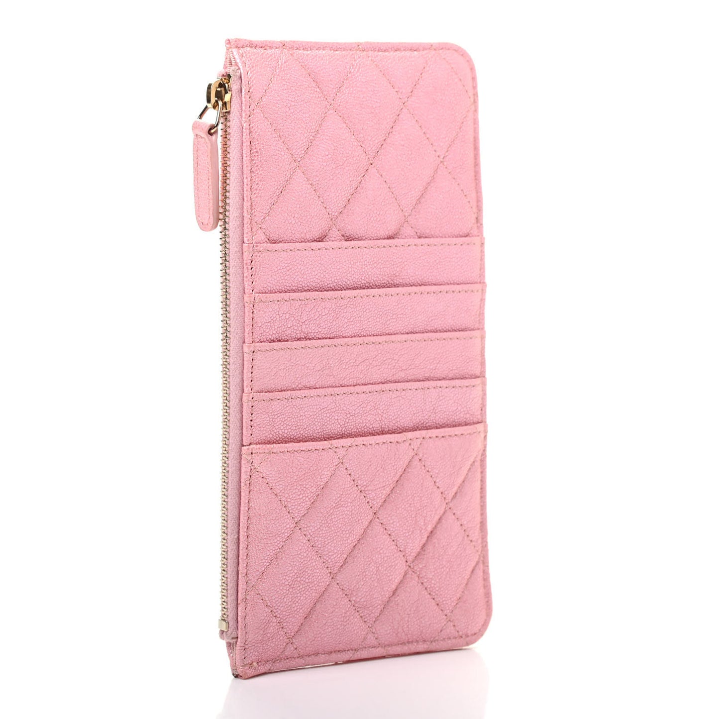 Iridescent Caviar Quilted Classic Flat Wallet Pouch Pink