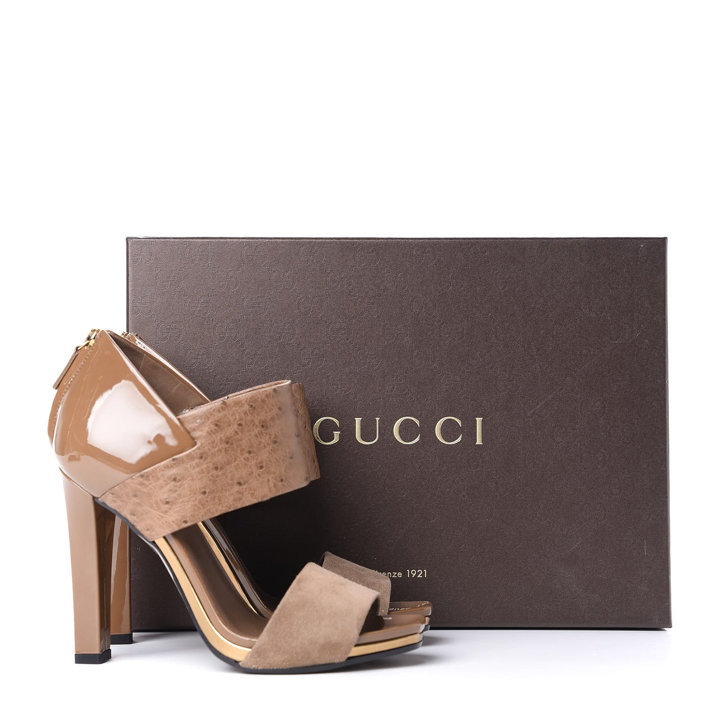 Patent Kid Scamosciato Ostrich Babylon Ankle Strap Sandal Pumps 36 Marron Glace