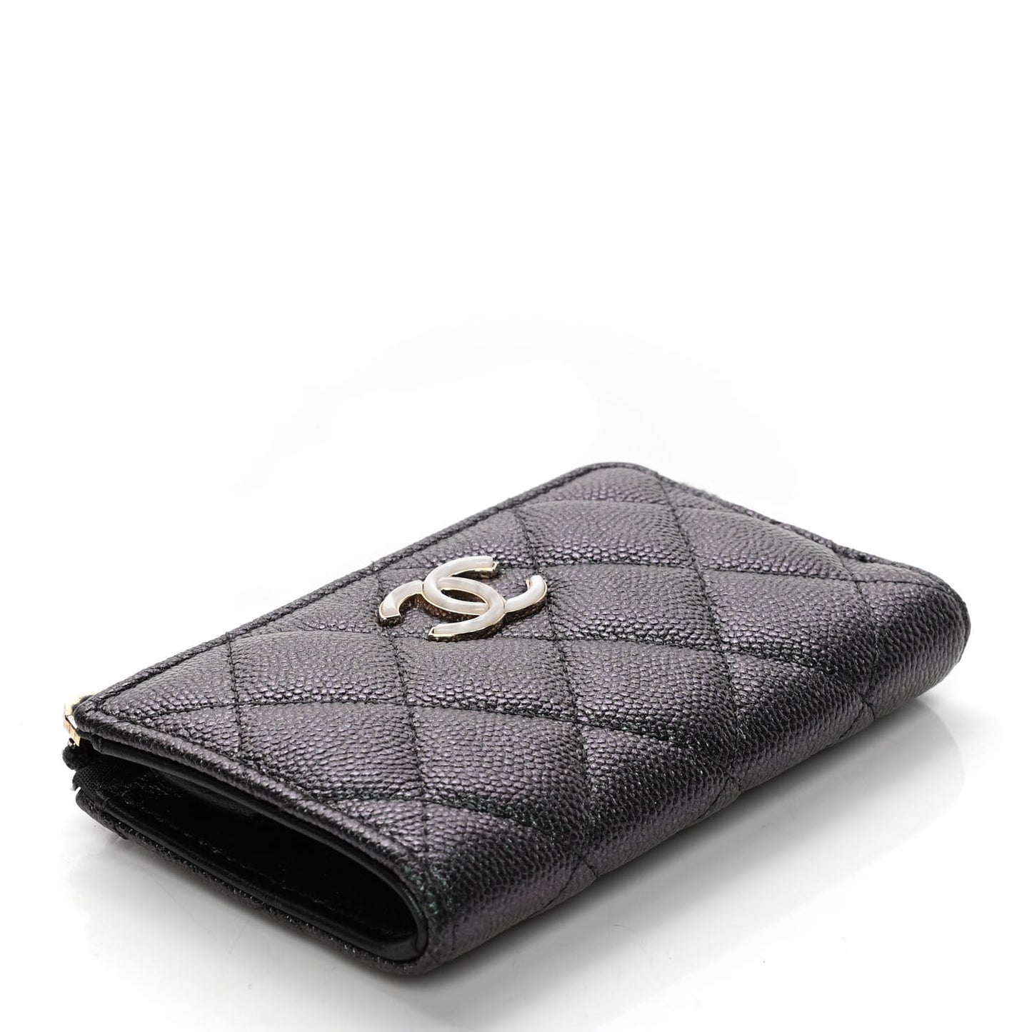 Iridescent Caviar Quilted Zipped Key Holder Case Black