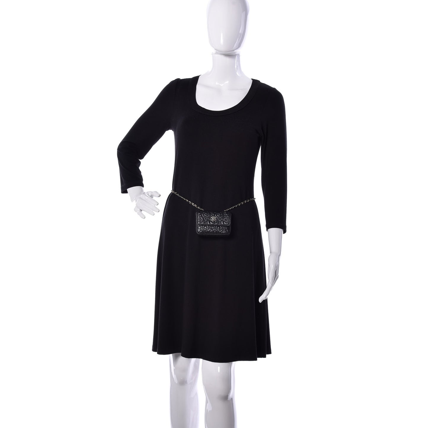 Lambskin Camellia Embossed Chain Belt Bag Black