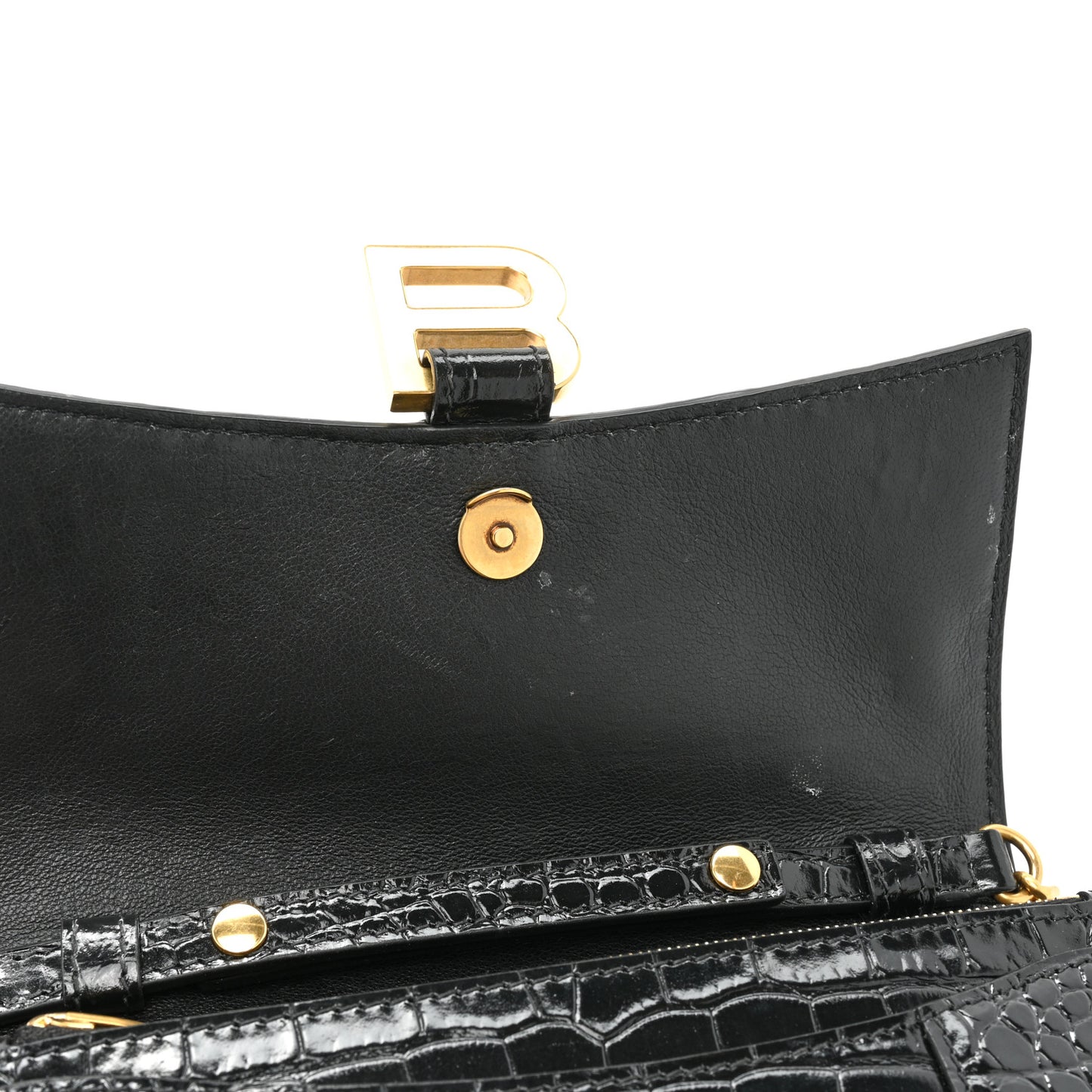 Shiny Calfskin Crocodile Embossed Hourglass Chain Bag Black