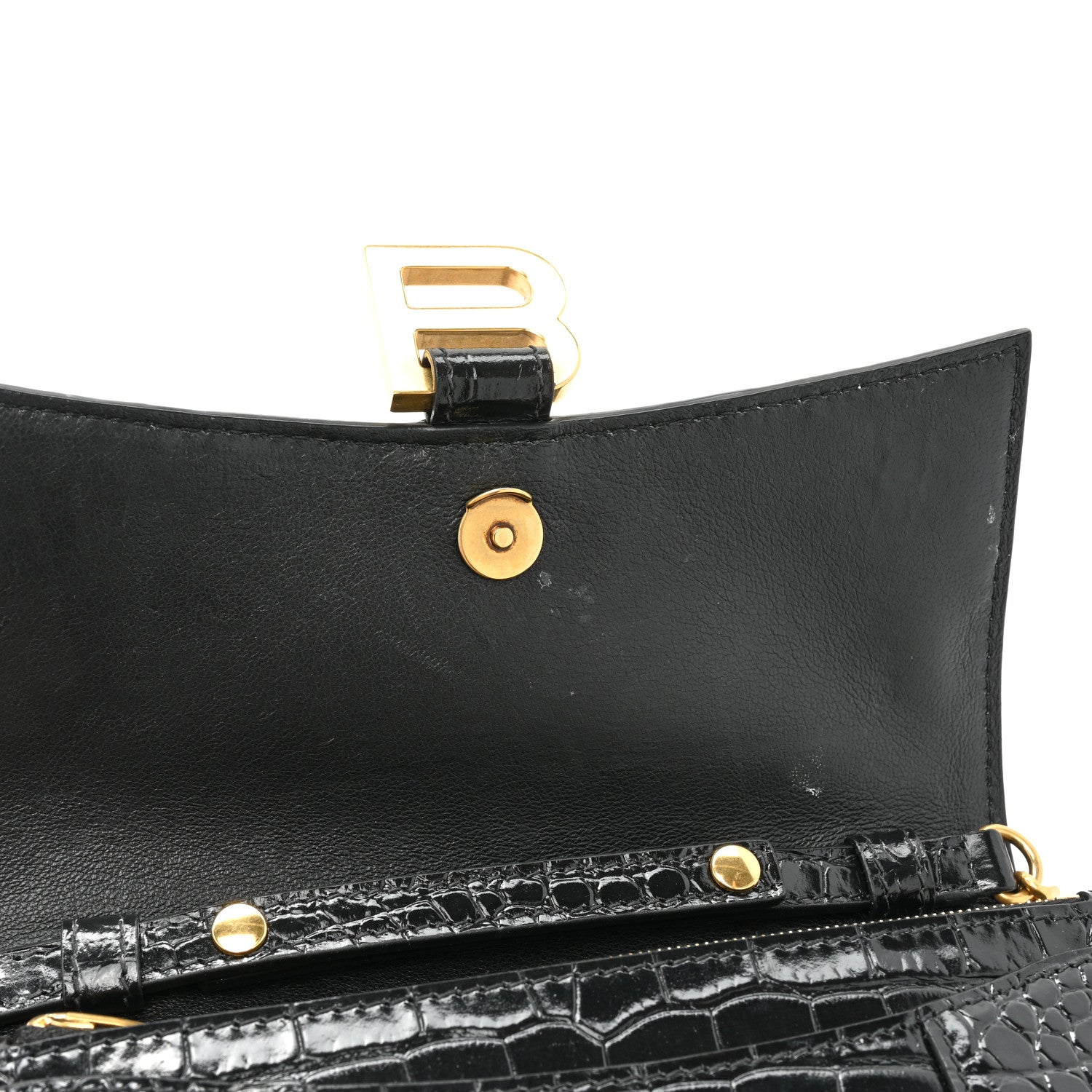 Balenciaga Shiny Calfskin Crocodile Embossed Hourglass Chain Bag Black 10 of 11