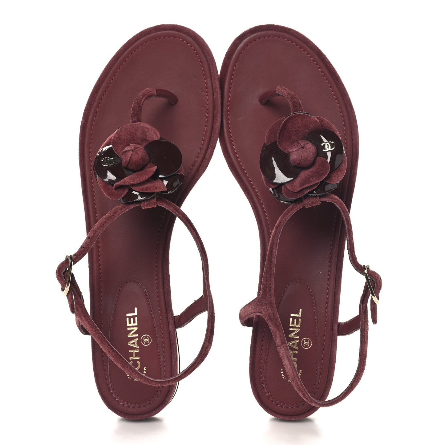 Suede Calfskin Camellia Thong Sandals 39.5 Burgundy