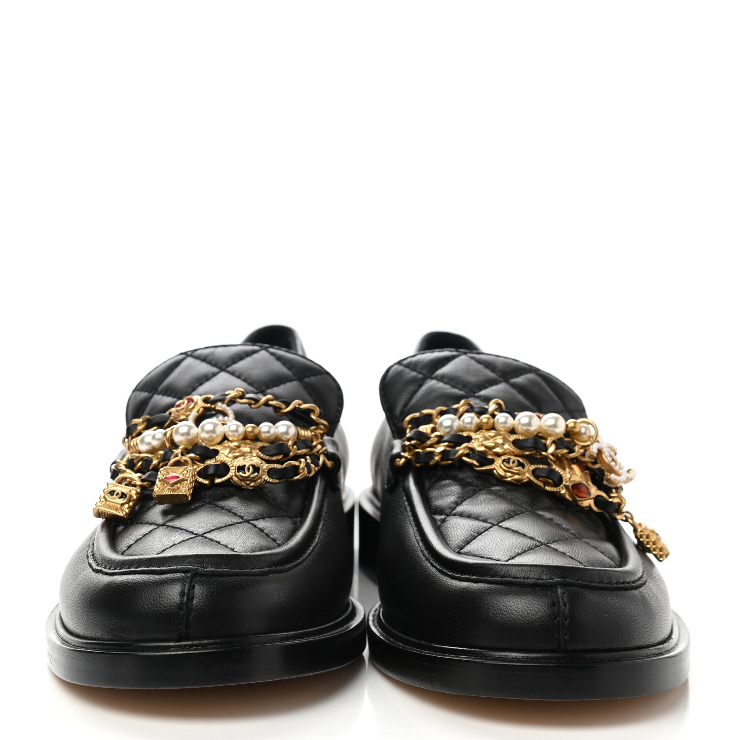 Chanel Lambskin Pearl Crystal Quilted CC Logo Jewelry Loafers 39 Black 2 of 8