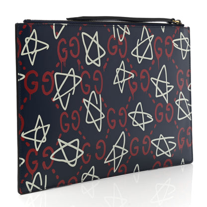 Gucci Calfskin GucciGhost Print Pouch Blue Agata Hibiscus Red 3 of 8
