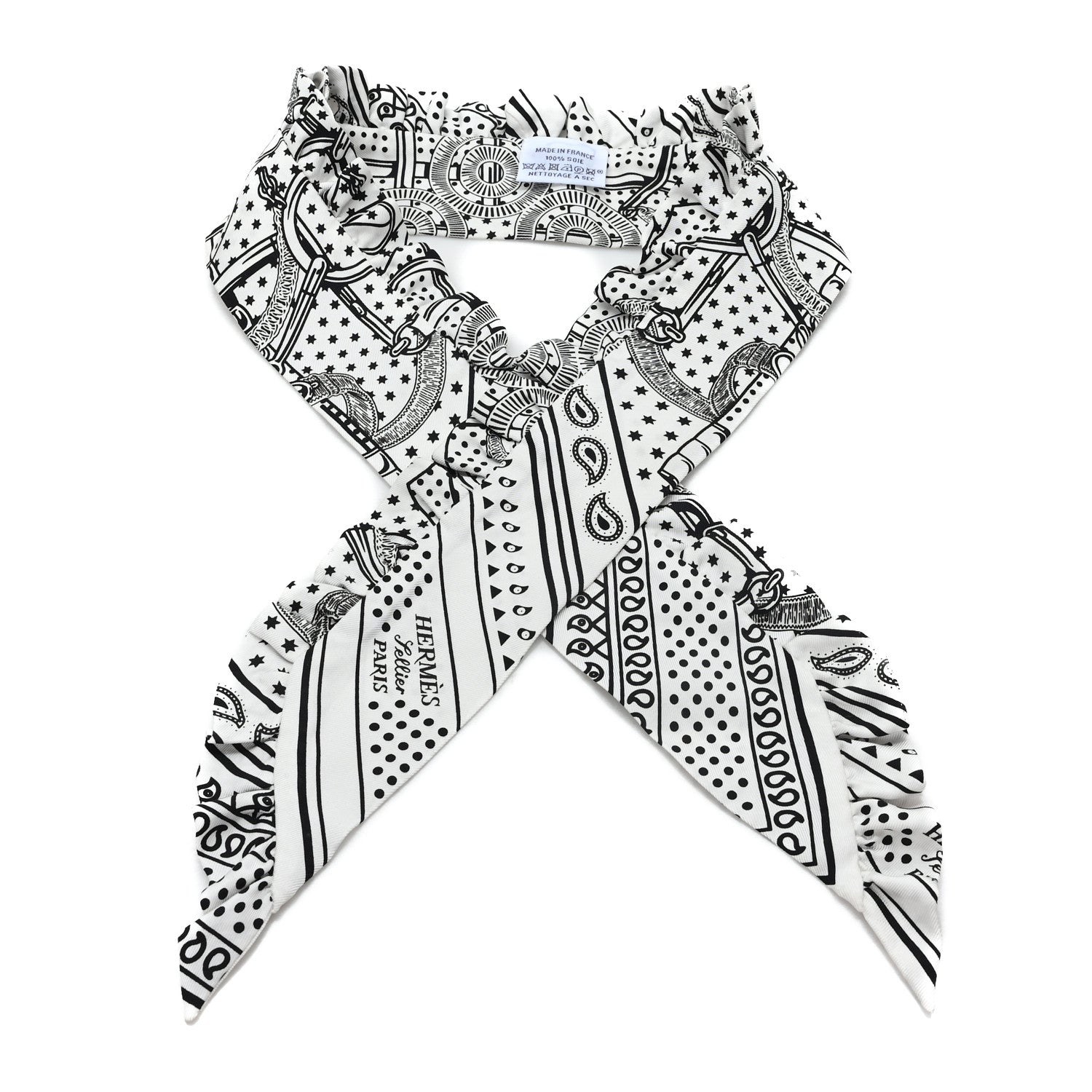 Hermes Silk Eperon d'Or Bandana Ruffle Twilly White Black 1 of 3