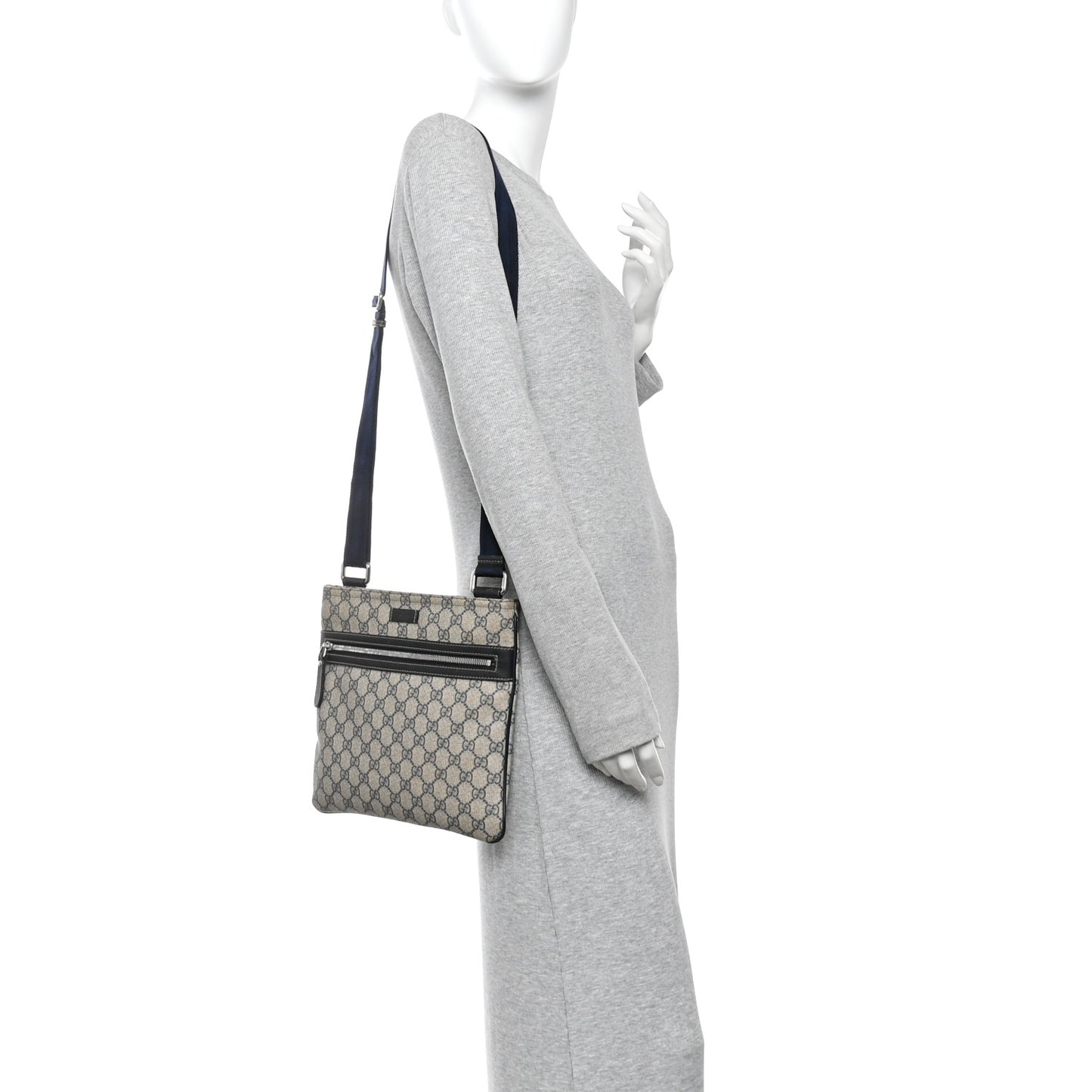 GG Supreme Monogram Small Flat Side Zip Messenger Bag Beige Blue