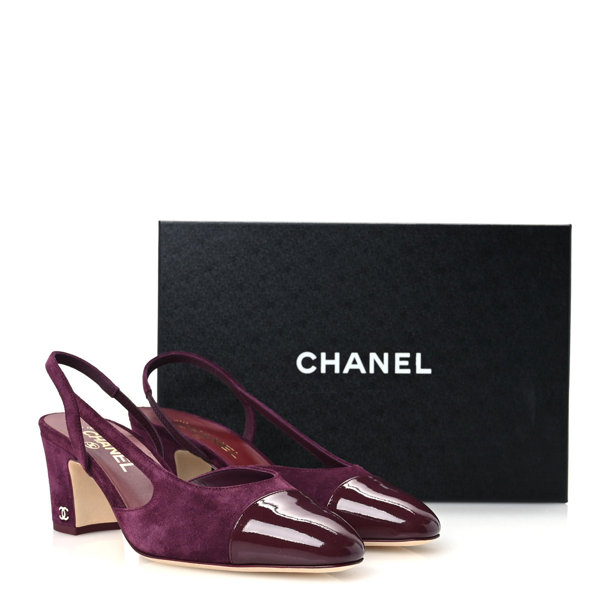Suede Patent Cap Toe CC Slingback Pumps 38.5 Burgundy