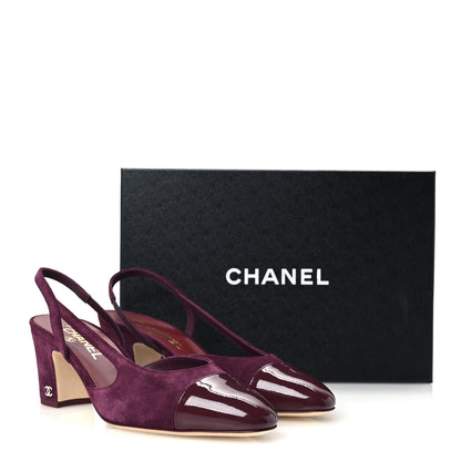 Chanel Suede Patent Cap Toe CC Slingback Pumps 38.5 Burgundy 10 of 10