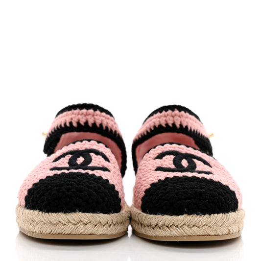 Braided Knit Cap Toe CC Ankle Strap Espadrilles 37 Light Pink Black
