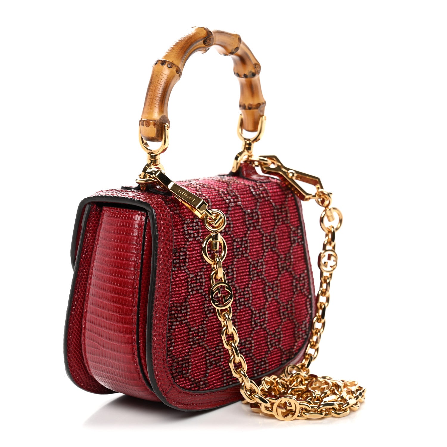 Gucci Moire Fabric Calfskin Rhinestone Monogram Monochrome Lizard Embossed Mini Bamboo 1947 Top Handle Chain Bag Red 3 of 9
