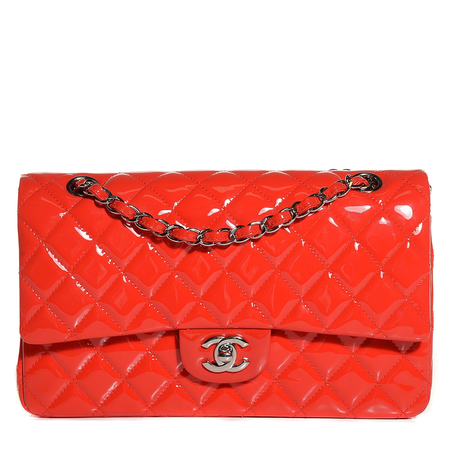 Patent Calfskin Quilted Medium Double Flap Red