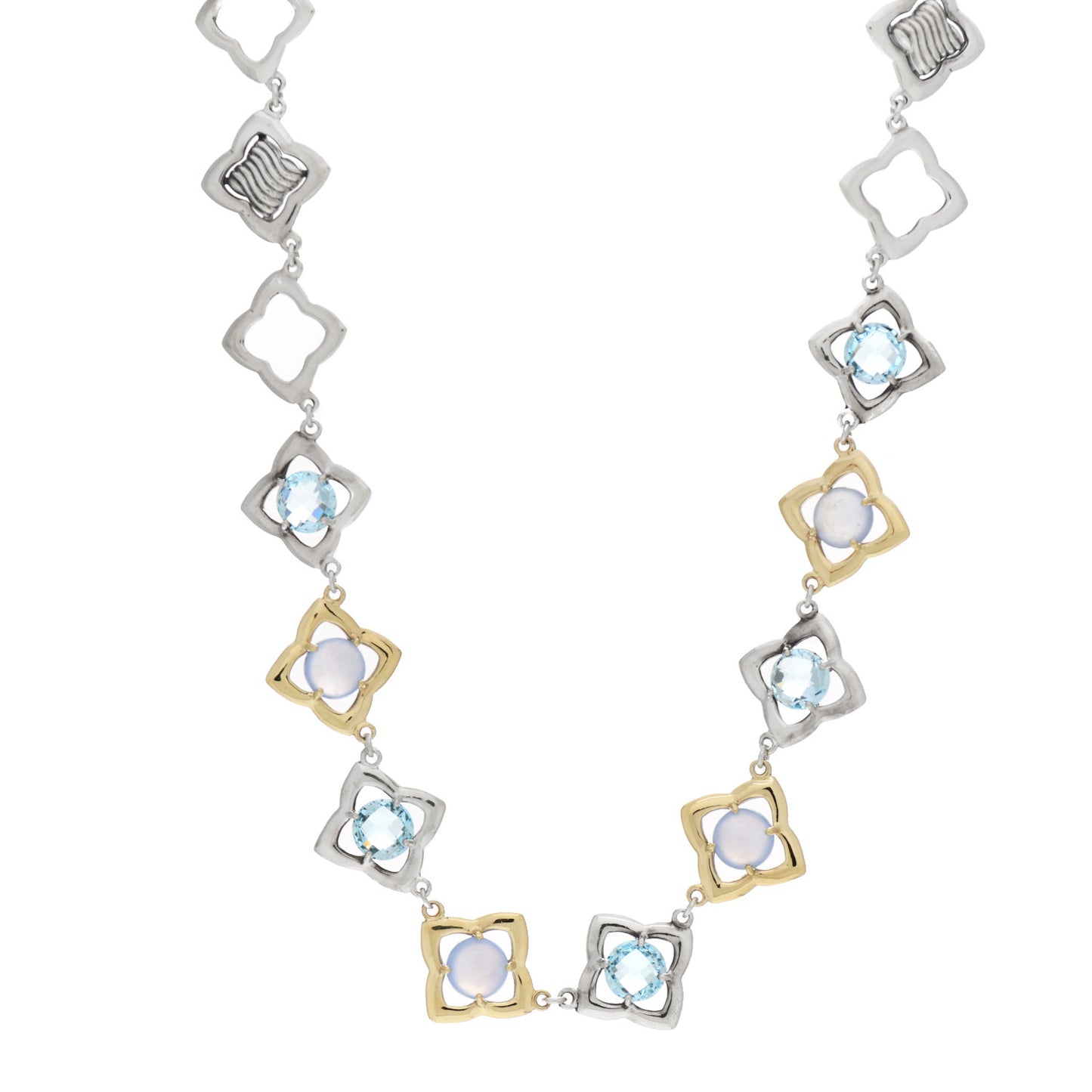 Sterling Silver 18K Yellow Gold Chalcedony Blue Topaz Quatrefoil Necklace