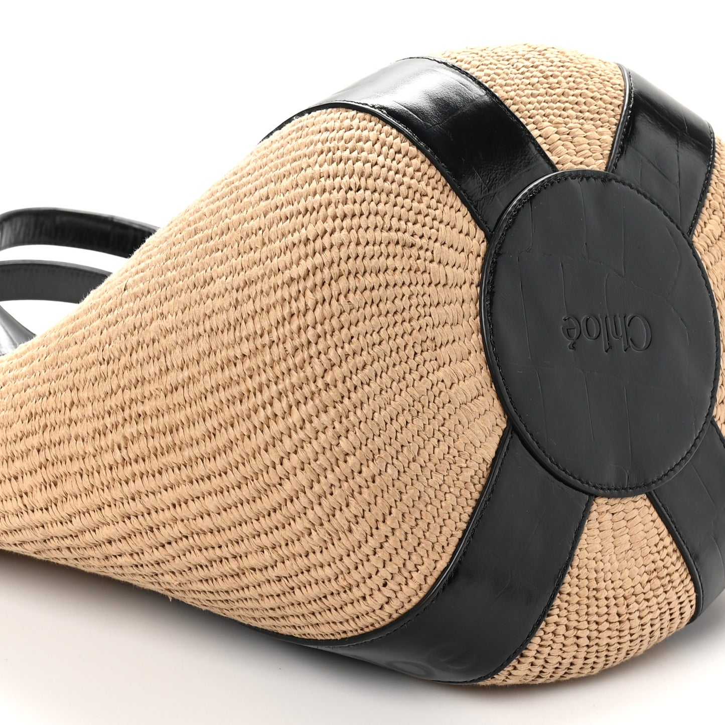 Raffia Calfskin Crocodile Embossed Large Woody Tote Black