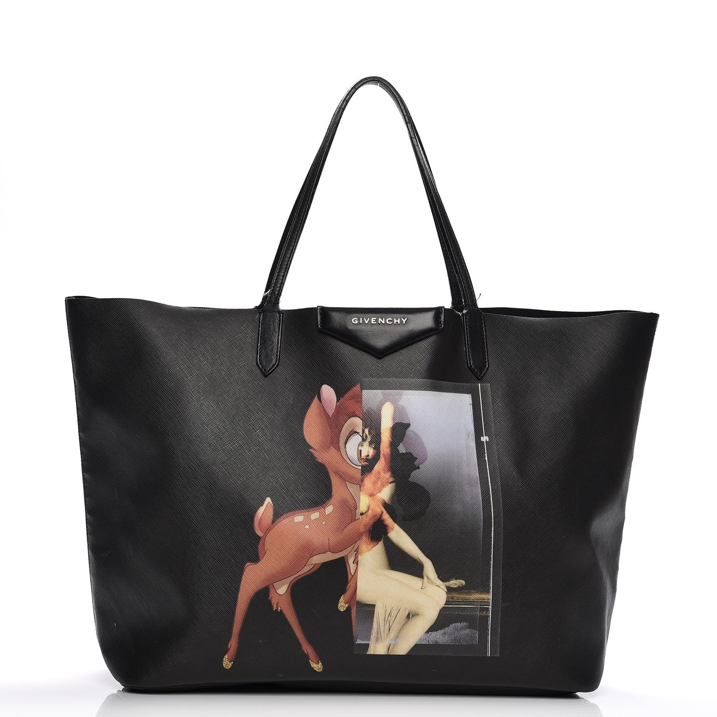 Textured Coated Canvas Bambi Print Large Antigona Tote Black