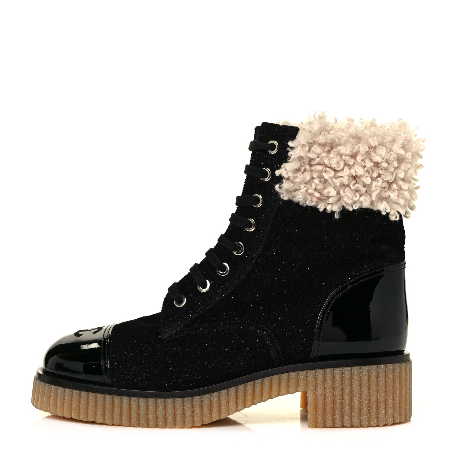 Chanel Calfskin Patent Fabric Lace Up Cap Toe CC Boots 39 Black Ivory 2 of 14
