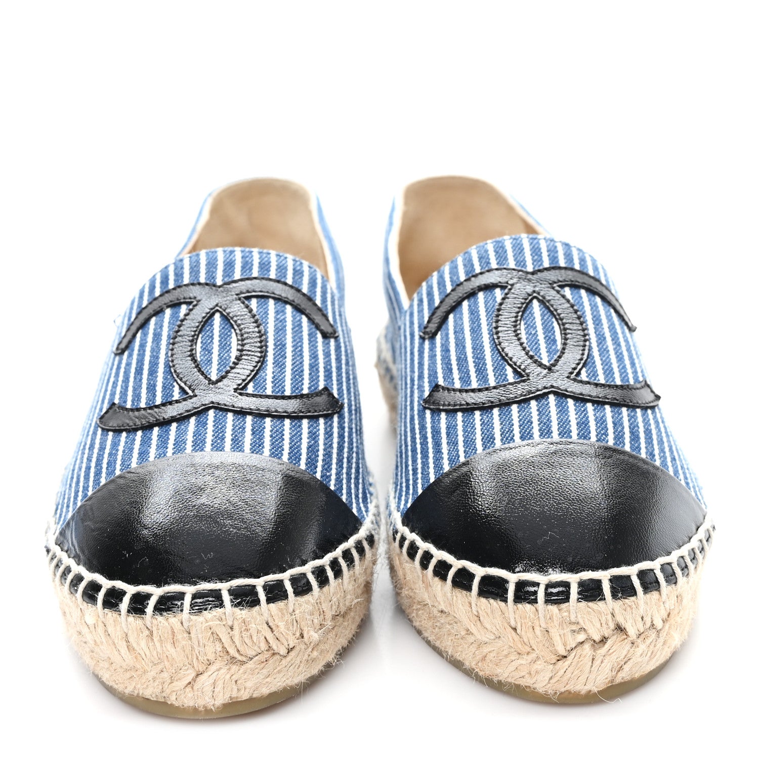 Chanel Canvas Striped Patent CC Espadrilles 35 Navy Black 1809745