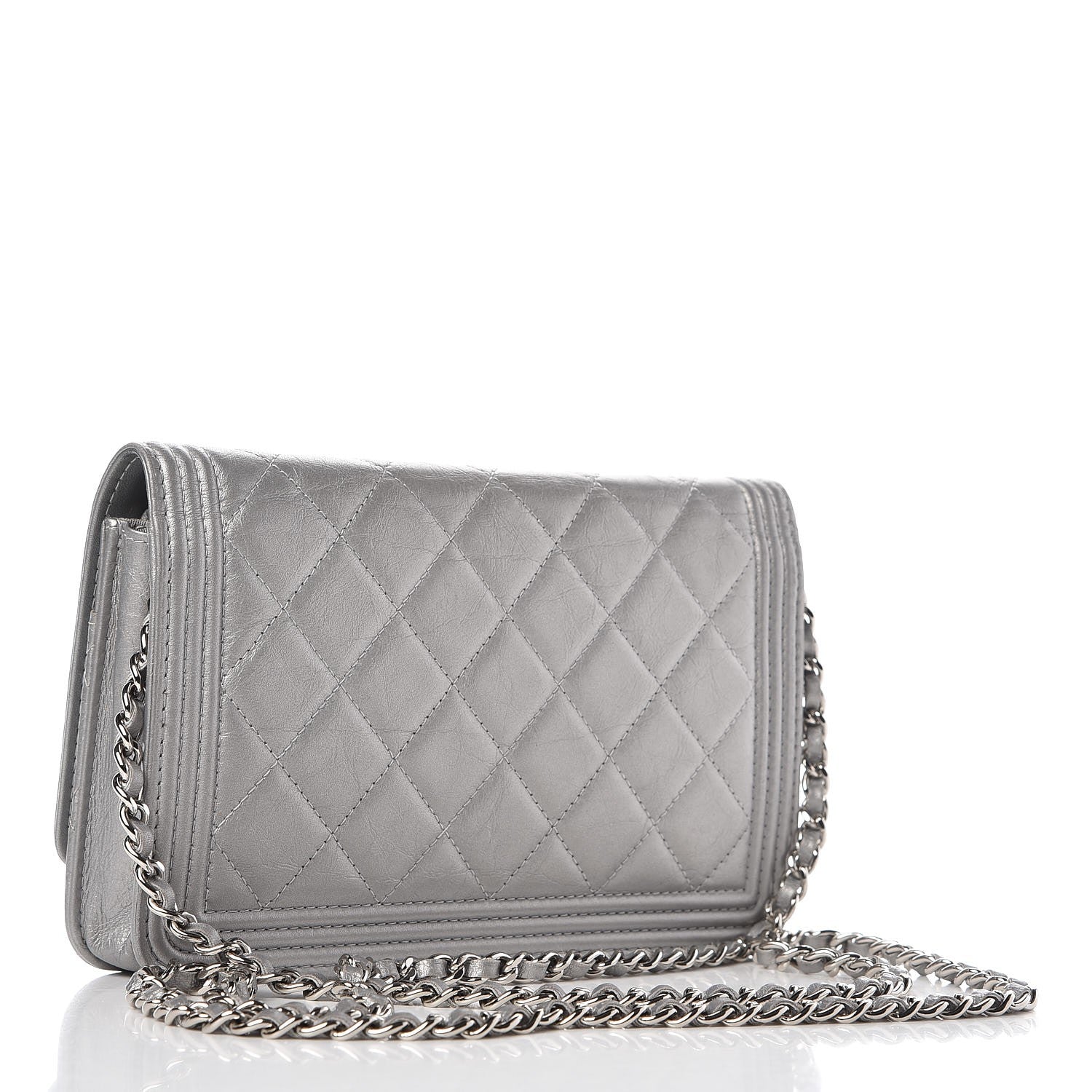 Chanel Metallic Distressed Calfskin Quilted Boy Wallet On Chain WOC Silver 3 of 9