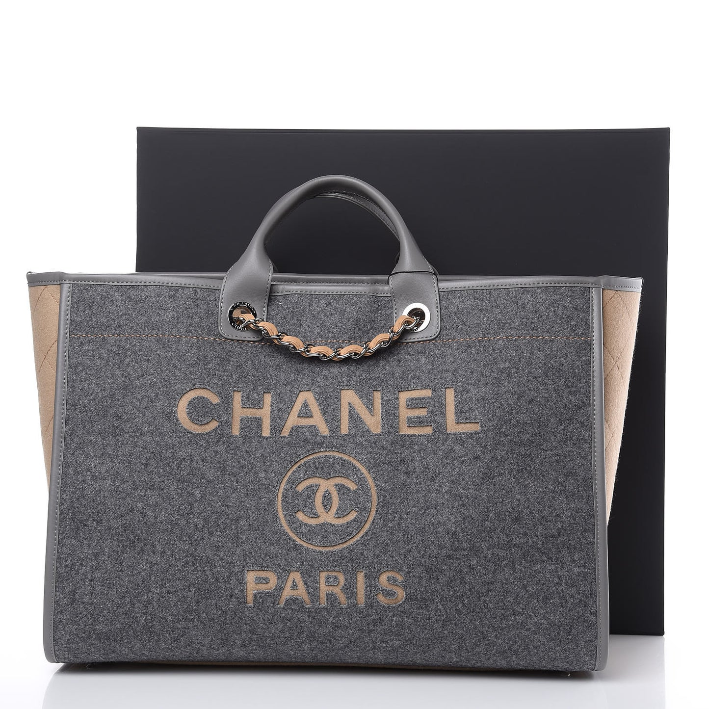 Wool Felt Calfskin Large Deauville Tote Grey Beige