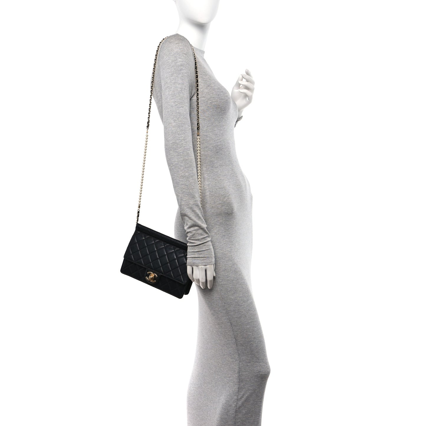 Lambskin Quilted Large Pearl Chain Flap Bag Black