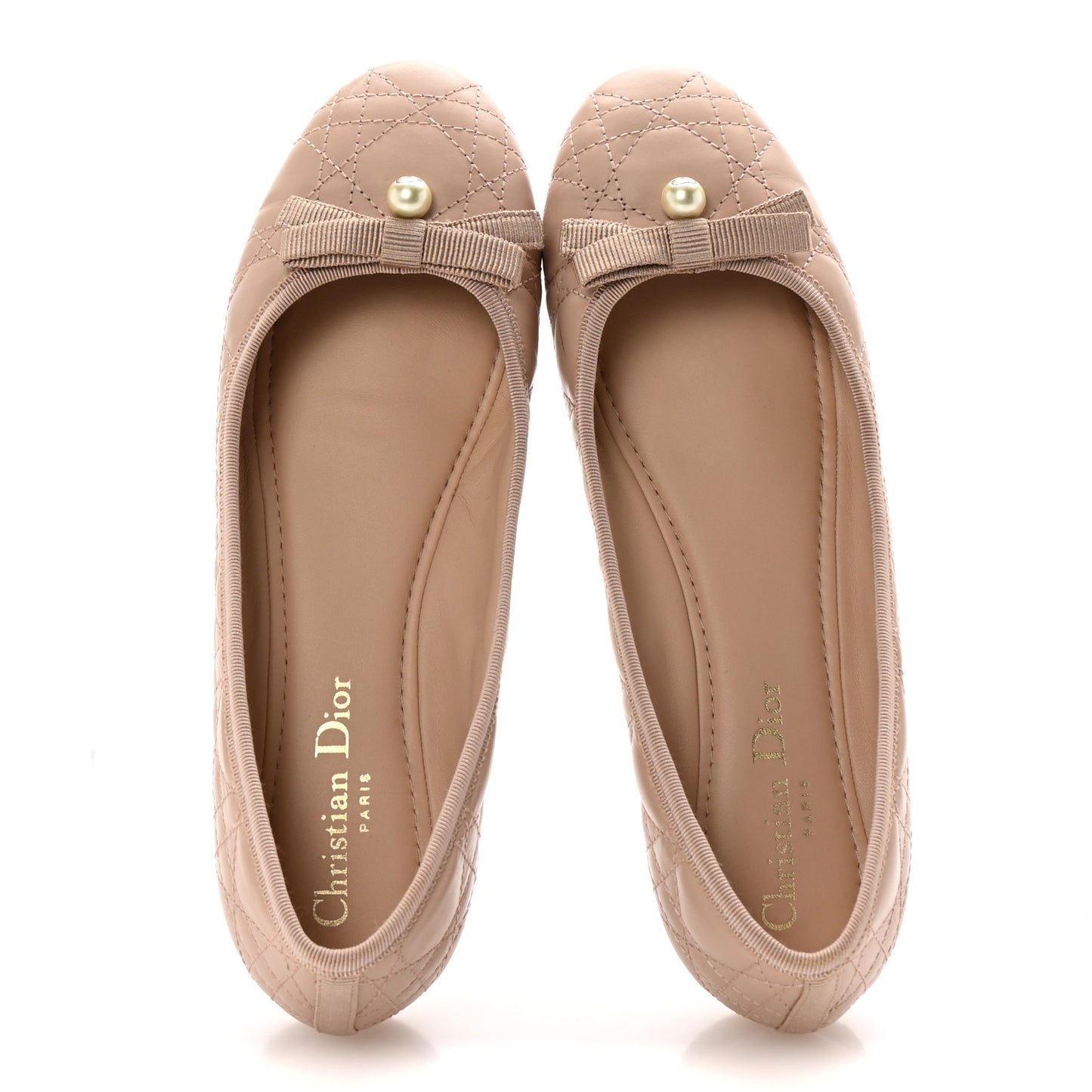 Calfskin Cannage Pearl Bow Ballet Flats 38 Nude