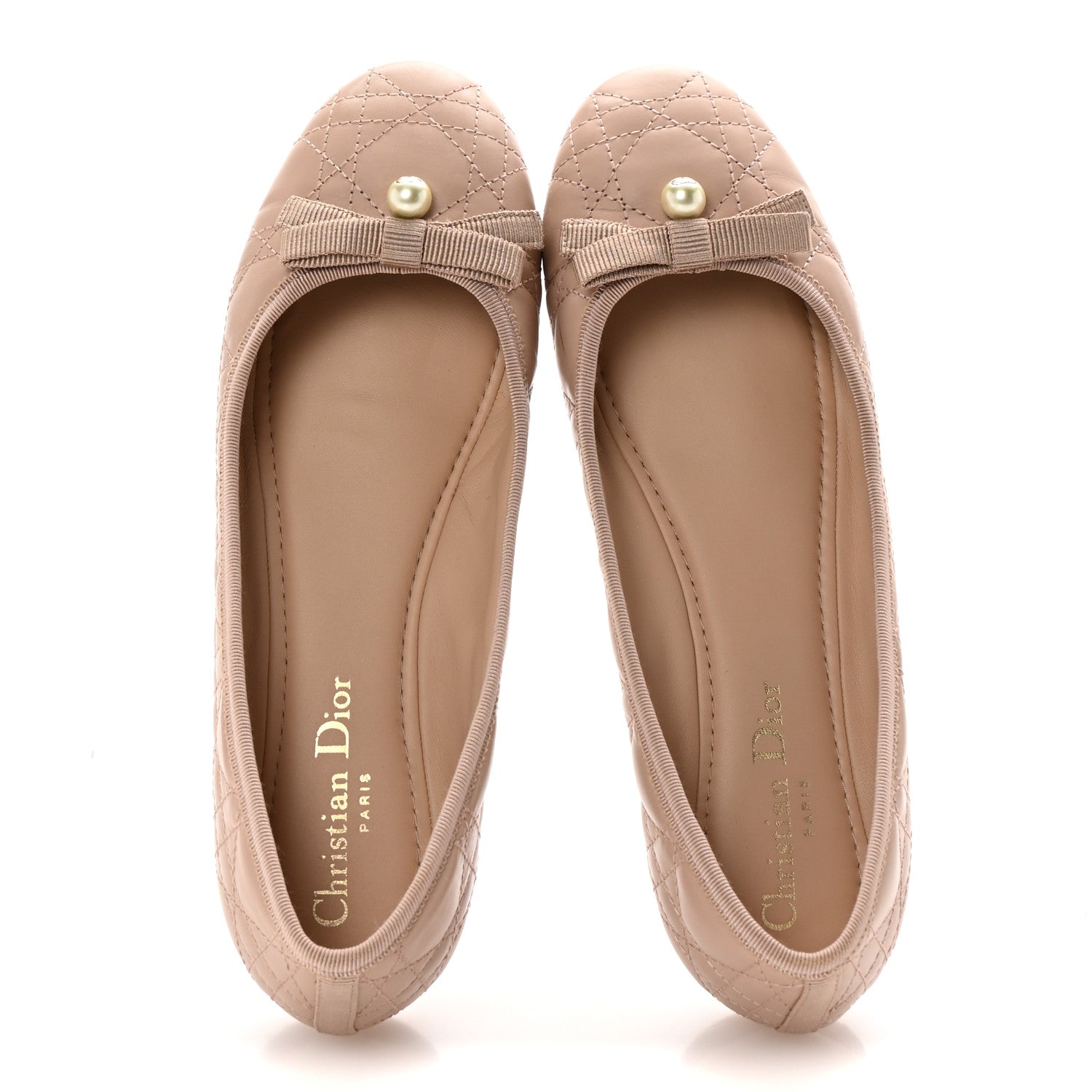 Christian Dior Calfskin Cannage Pearl Bow Ballet Flats 38 Nude 2 of 10