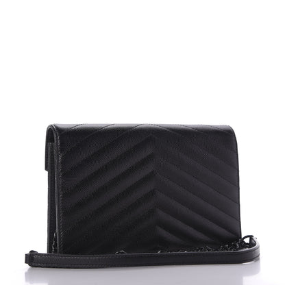 Saint Laurent Grain De Poudre Matelasse Chevron Monogram Envelope Chain Wallet Black 3 of 10