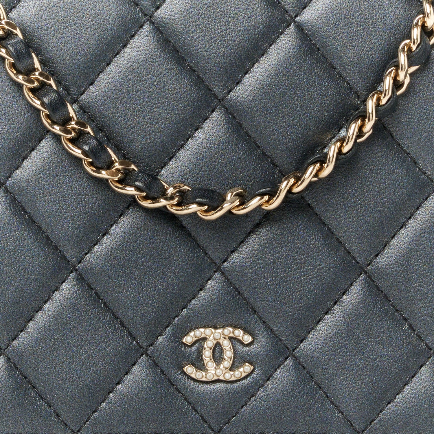 Chanel Iridescent Lambskin Quilted Pearl Wallet On Chain WOC Black 9 of 12
