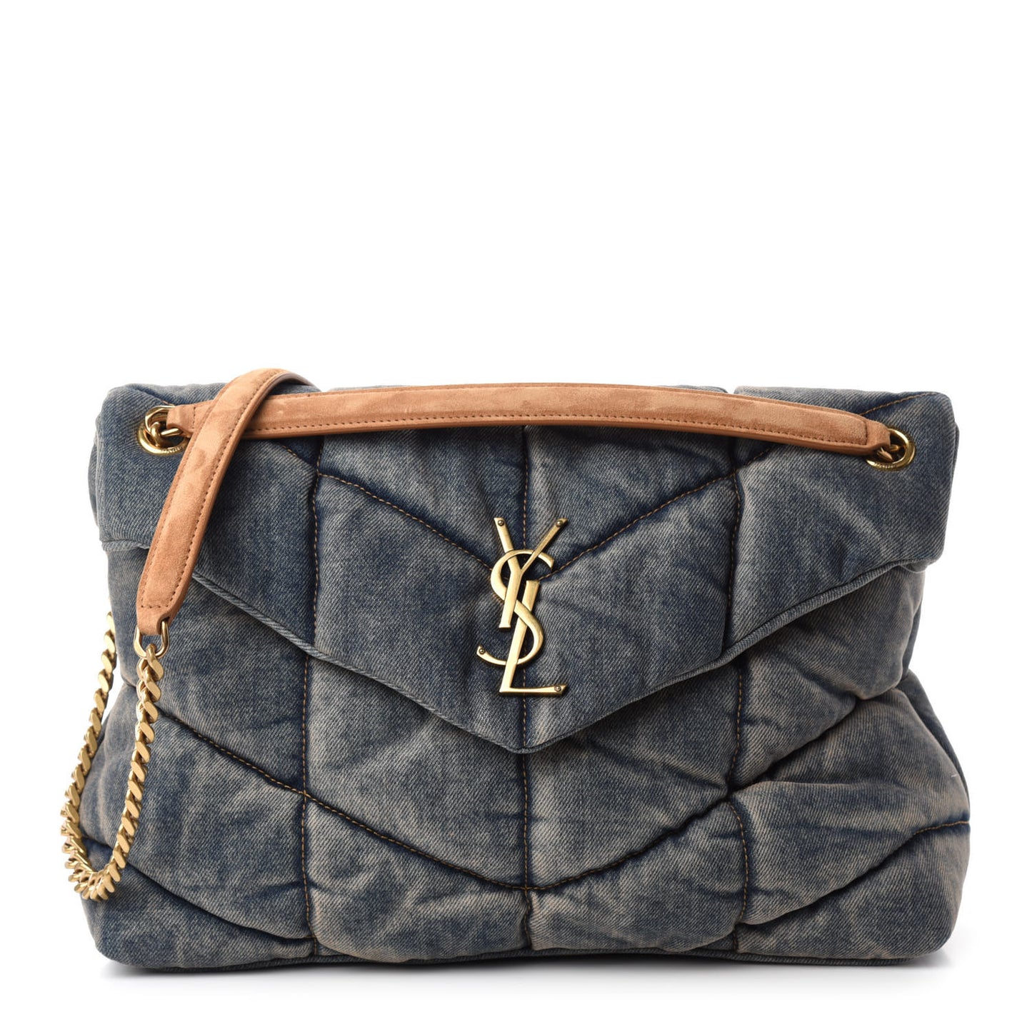 Denim Quilted Medium Loulou Puffer Monogram Chain Satchel Blue Cinnamon