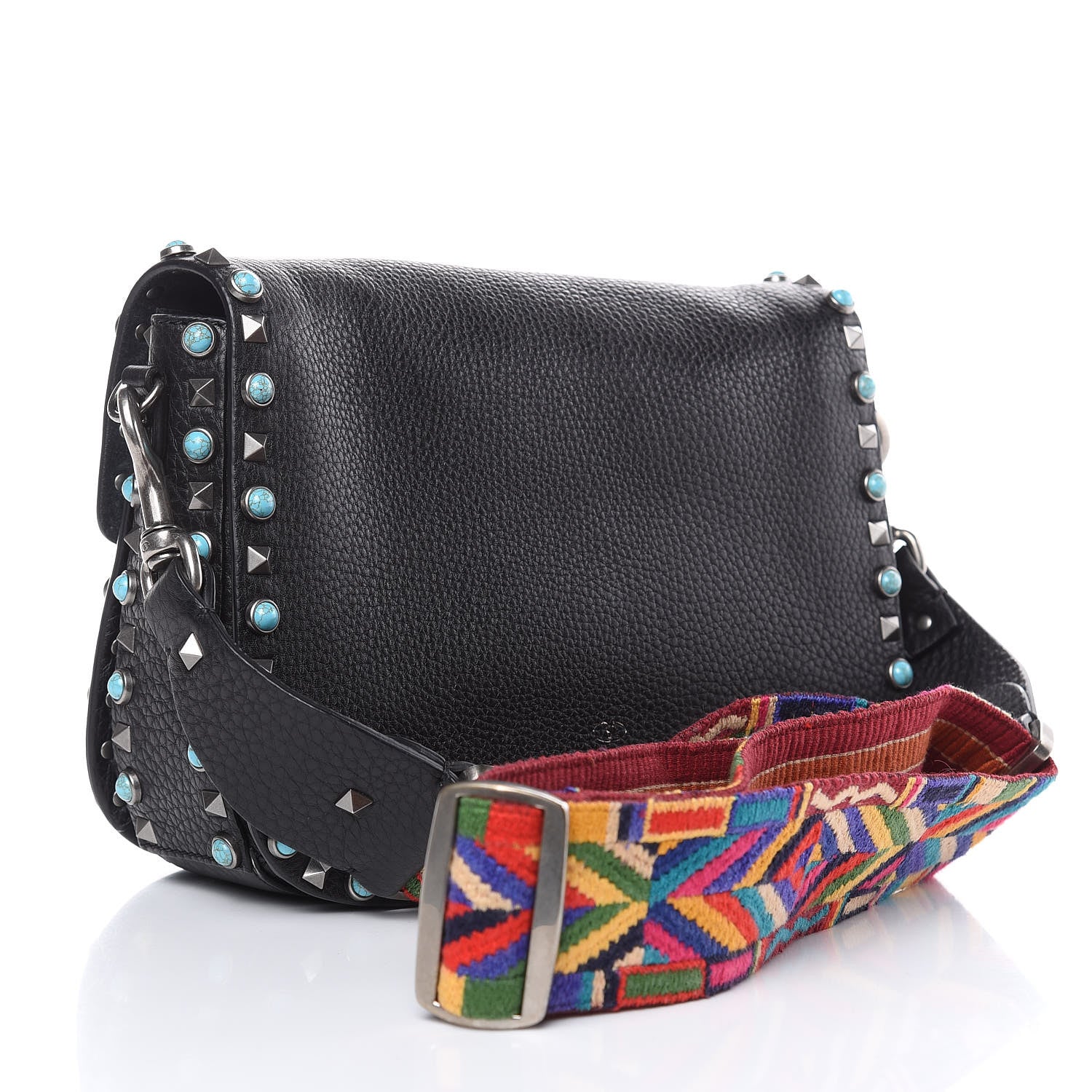 Valentino Garavani Pebbled Calfskin Turquoise Medium Guitar Strap Rockstud Rolling Flap Saddle Bag Black 4 of 11