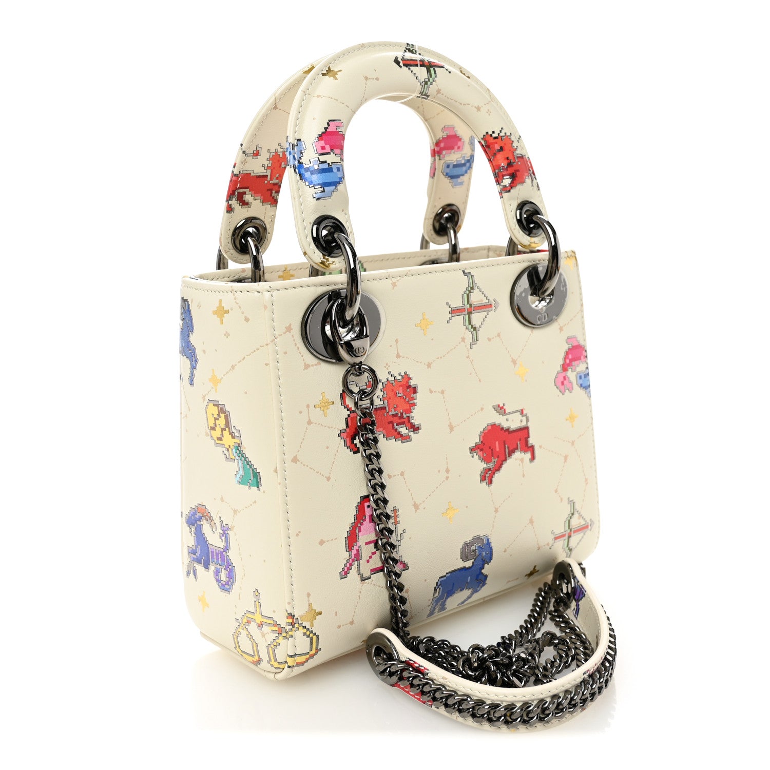 Christian Dior Calfskin Pixel Zodiac Mini Lady Dior White