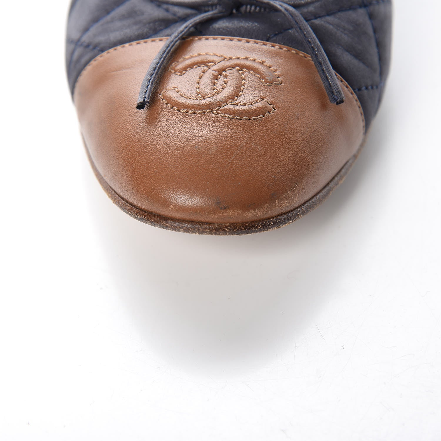 Chanel Iridescent Calfskin Quilted CC Cap Toe Ballerina Flats 37.5 Navy Tan 11 of 12