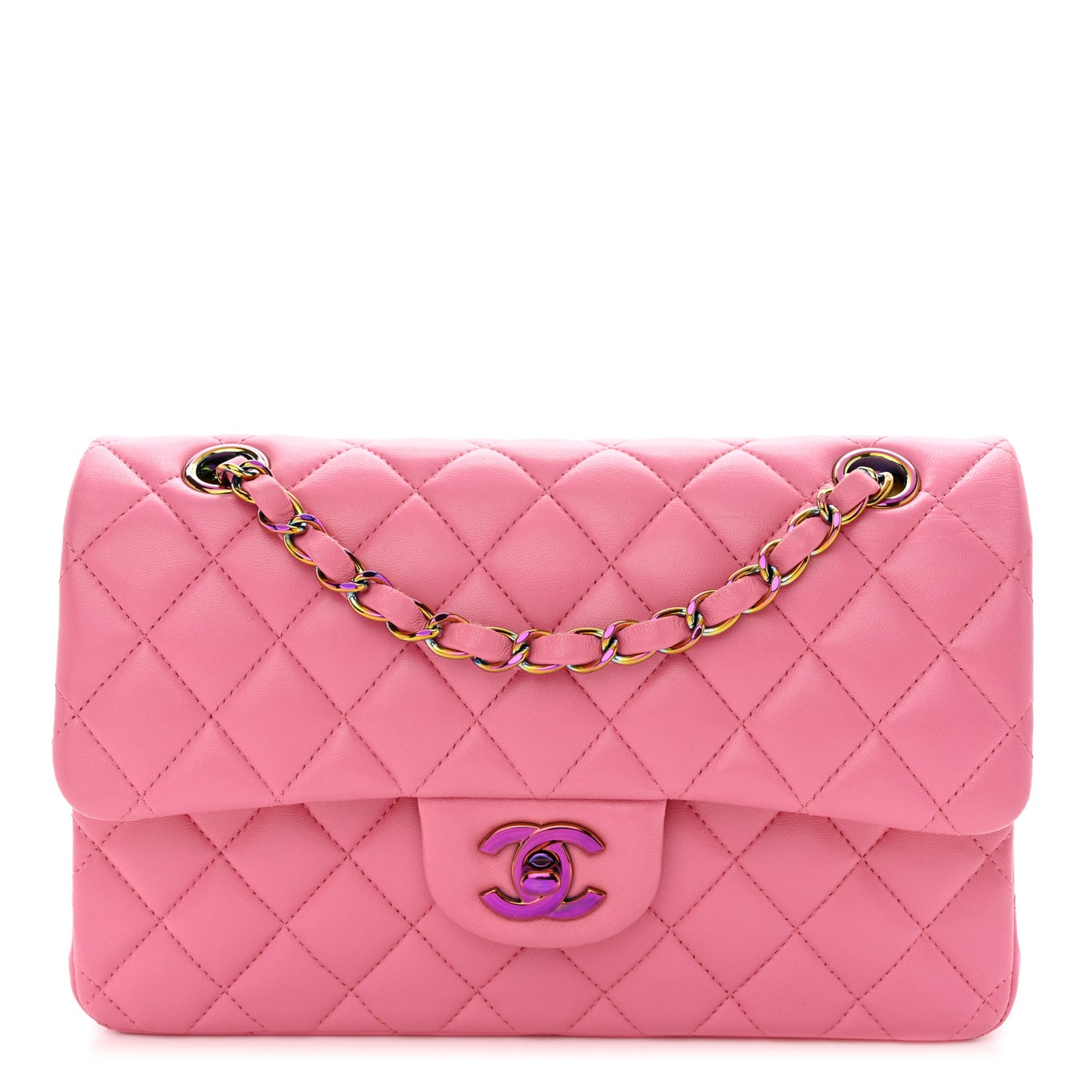 Lambskin Quilted Small Double Flap Pink Yellow