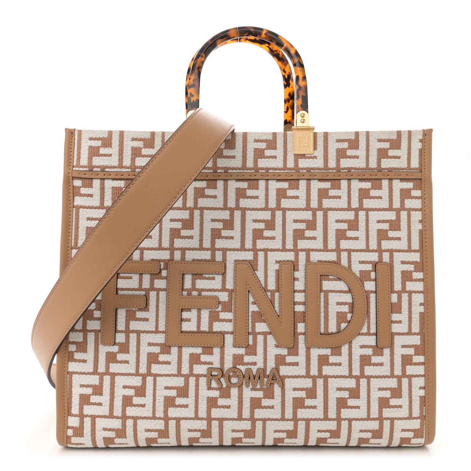 Fendi Woven Fabric Calfskin FF Medium Fendi Sunshine Shopper Tote Natural White Dark Honey 1 of 11