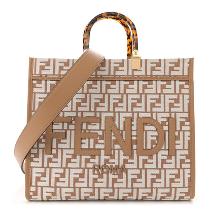 Fendi Woven Fabric Calfskin FF Medium Fendi Sunshine Shopper Tote Natural White Dark Honey 1 of 11