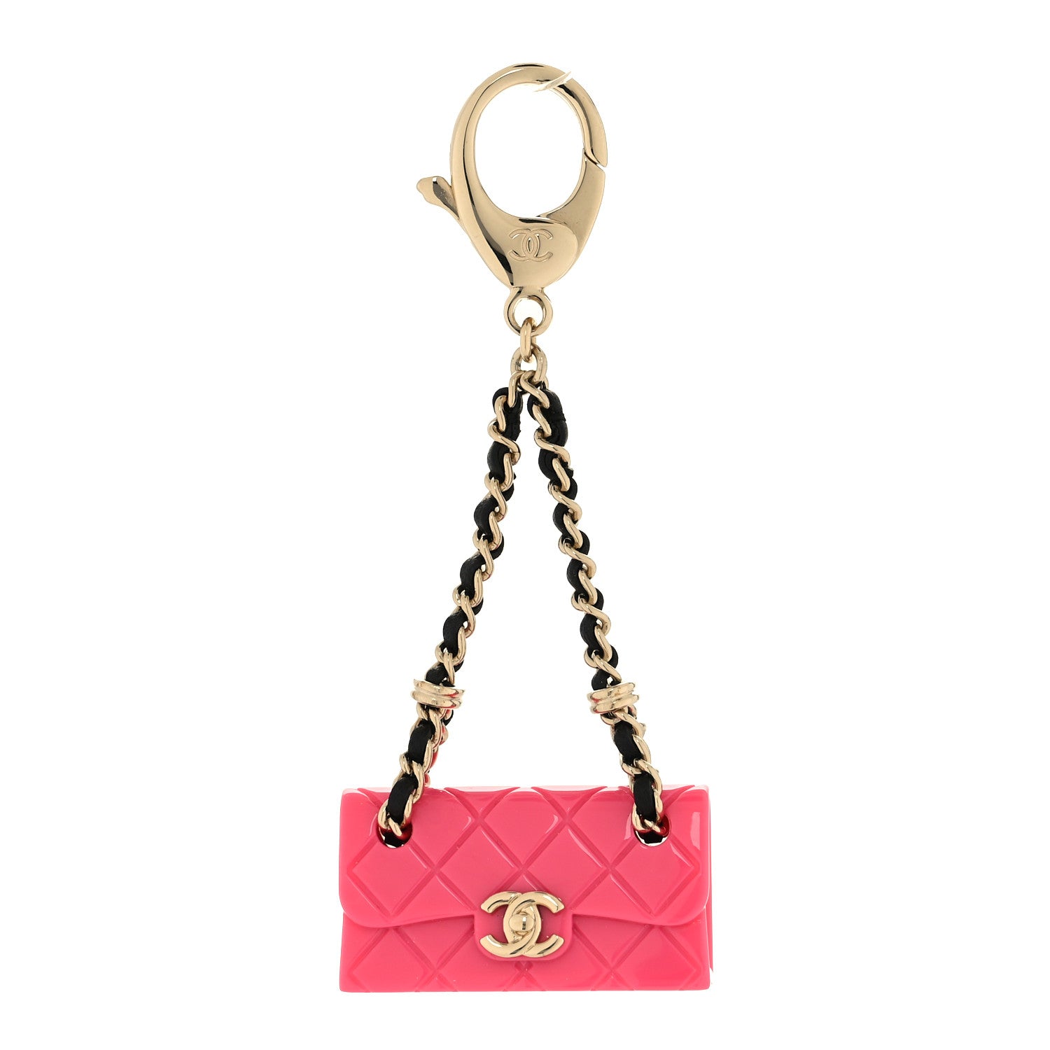 Chanel Calfskin Metal Resin CC Quilted Flap Bag Charm Gold Black Pink 1 of 3