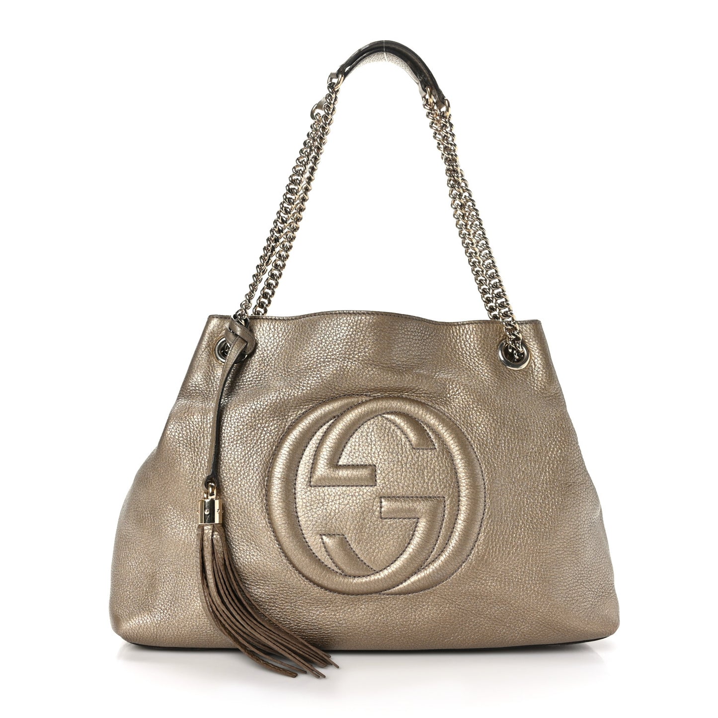 Metallic Pebbled Calfskin Medium Soho Chain Shoulder Bag Golden Beige