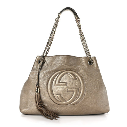 Gucci Metallic Pebbled Calfskin Medium Soho Chain Shoulder Bag Golden Beige 1 of 11